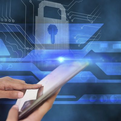 composite of hands using smartphone with padlock background